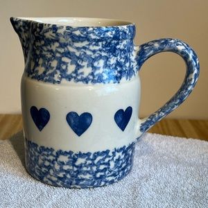 Roseville Ohio Friendship Pottery Blue/White Hearts Spongeware Milk Pitcher